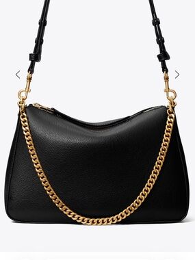 Tory Burch Perry Shoulder Bag Black Pebbled Leather Gold Chain Style 175544